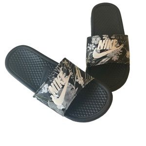 Women’s Size 8 Black Nike Slides with Floral Print